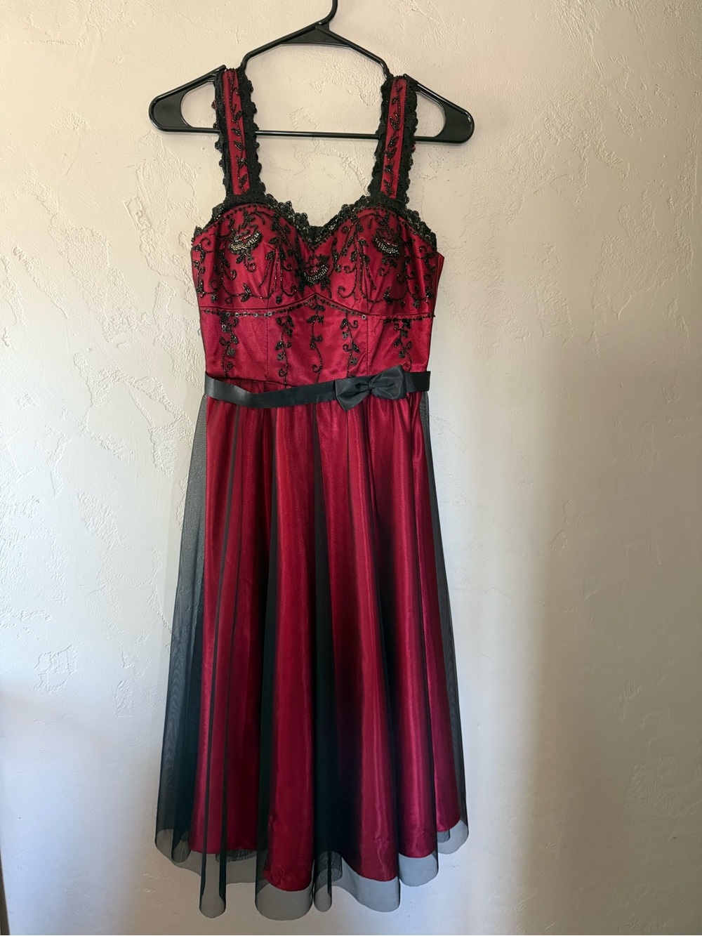 Red and Black Lace-Accented Prom Dress